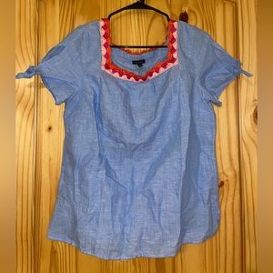 NWT Talbots Blue CROCHET TRIM LINEN TOP - CROSS DYED